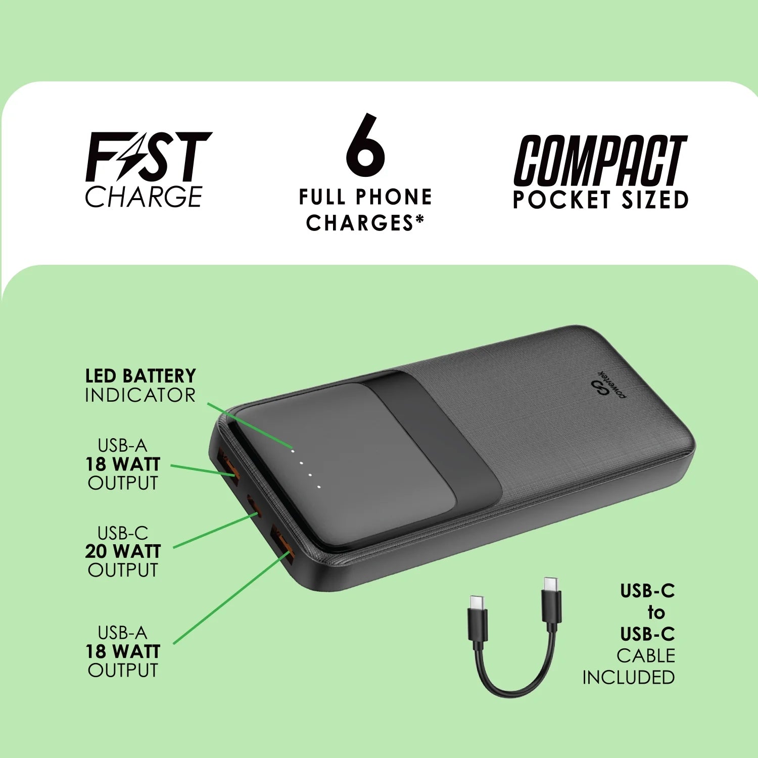 Cargador Portátil Powertek 20,000Mah PD Power Bank Con USB-C – Negro