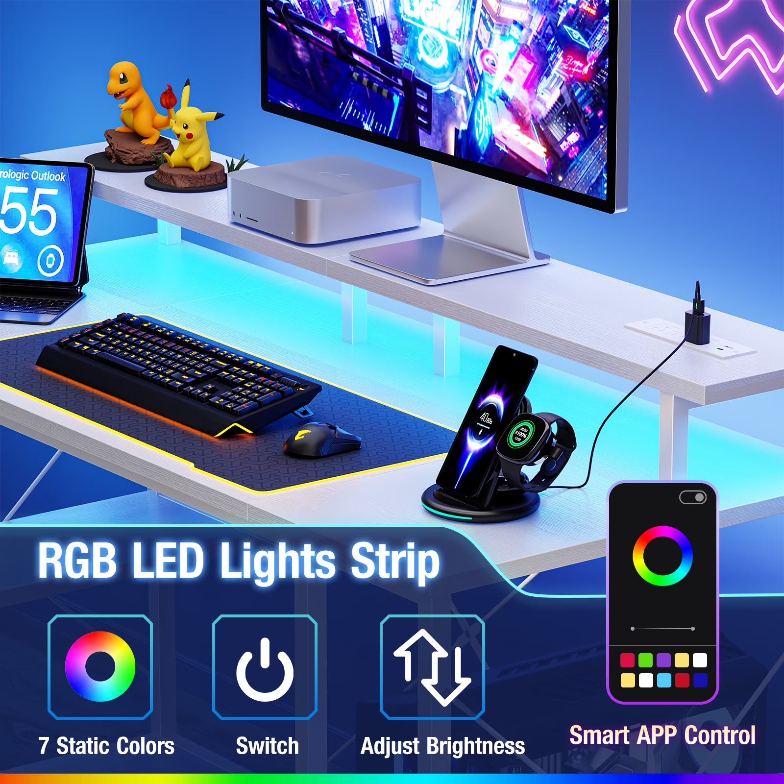 Escritorio Gamer De 48 Pulgadas Con Luces LED, Tomacorrientes, Soporte Para Monitor, Funciones Controladas Por App Y Gancho Para Audífonos