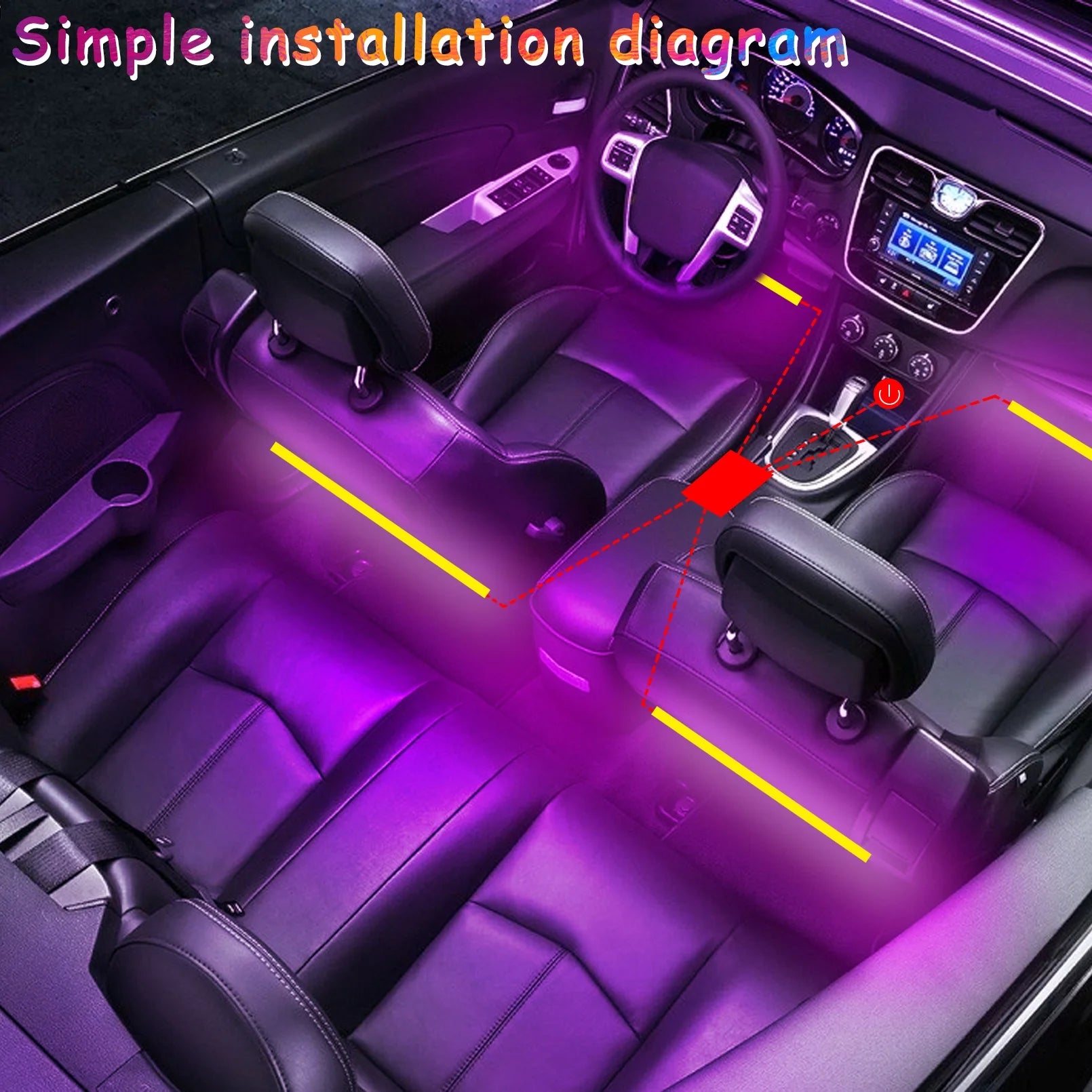Luces Interiores Para Auto, Luces Led Para Auto Interior 4 Pzas Tira De 36 Luces Led Para Auto Con Control Remoto, Sincronización De Música Cambio De Color RGB Iluminación Para Auto Bajo Tablero Con Cargador Para Auto 12V 2A Luces Led Para Auto (RGB)