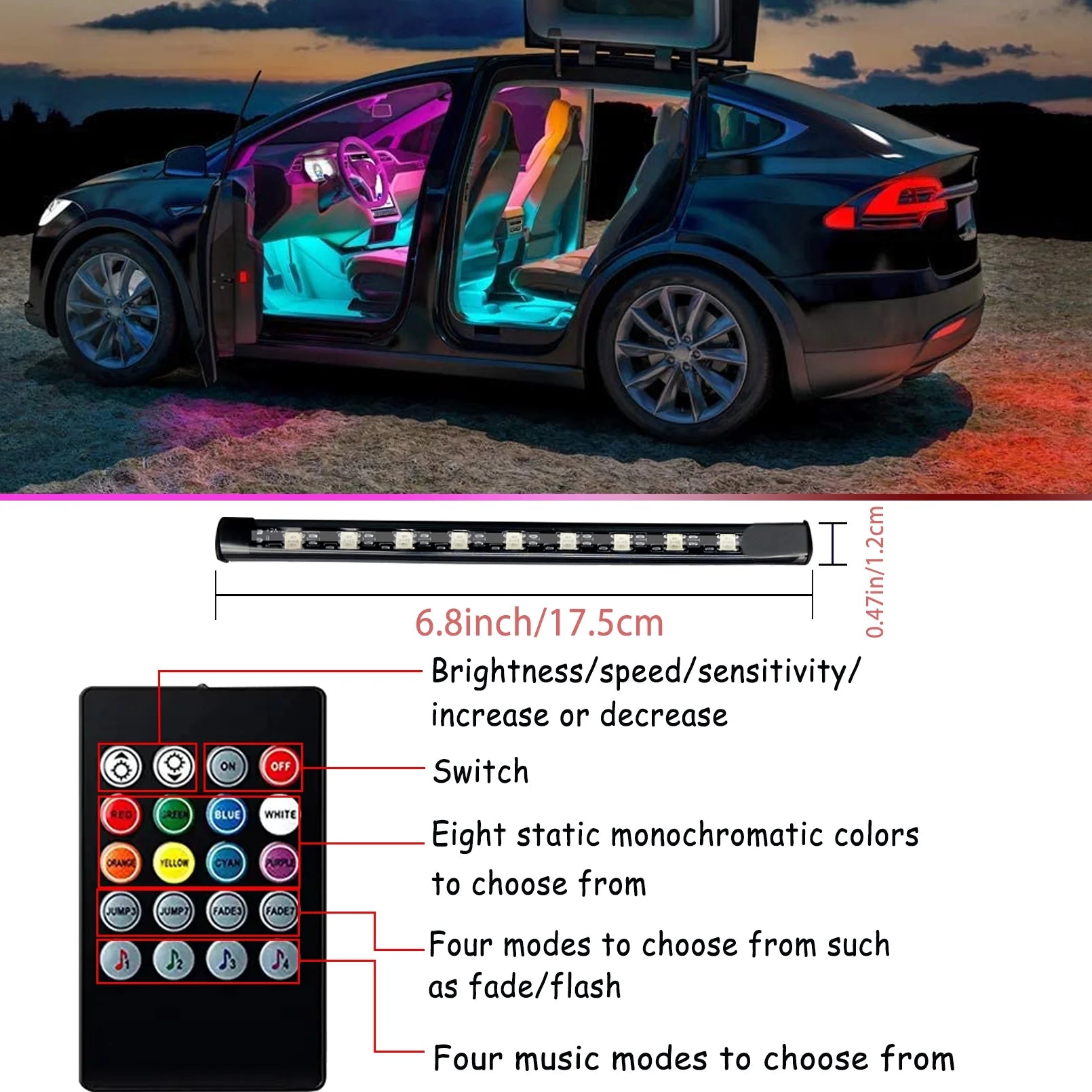 Luces Interiores Para Auto, Luces Led Para Auto Interior 4 Pzas Tira De 36 Luces Led Para Auto Con Control Remoto, Sincronización De Música Cambio De Color RGB Iluminación Para Auto Bajo Tablero Con Cargador Para Auto 12V 2A Luces Led Para Auto (RGB)