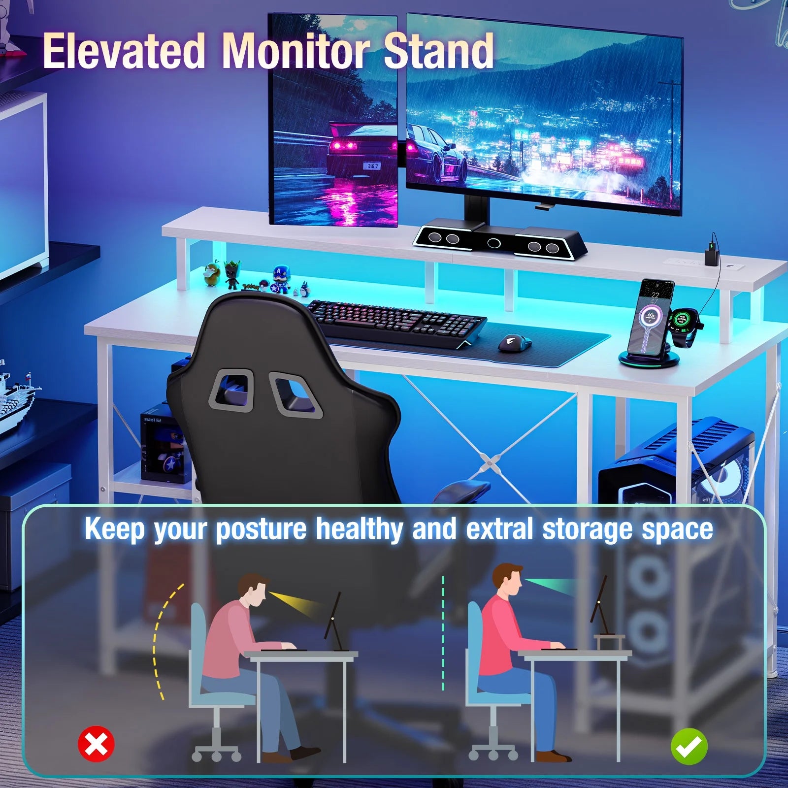 Escritorio Gamer De 48 Pulgadas Con Luces LED, Tomacorrientes, Soporte Para Monitor, Funciones Controladas Por App Y Gancho Para Audífonos