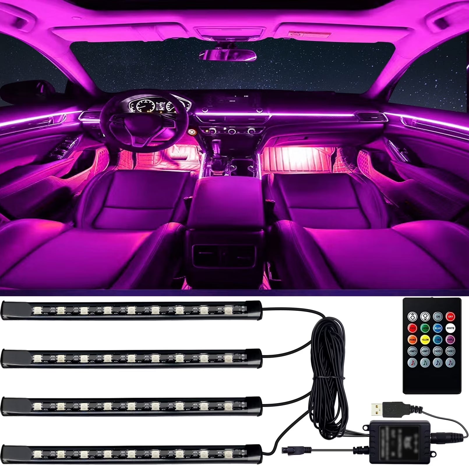 Luces Interiores Para Auto, Luces Led Para Auto Interior 4 Pzas Tira De 36 Luces Led Para Auto Con Control Remoto, Sincronización De Música Cambio De Color RGB Iluminación Para Auto Bajo Tablero Con Cargador Para Auto 12V 2A Luces Led Para Auto (RGB)