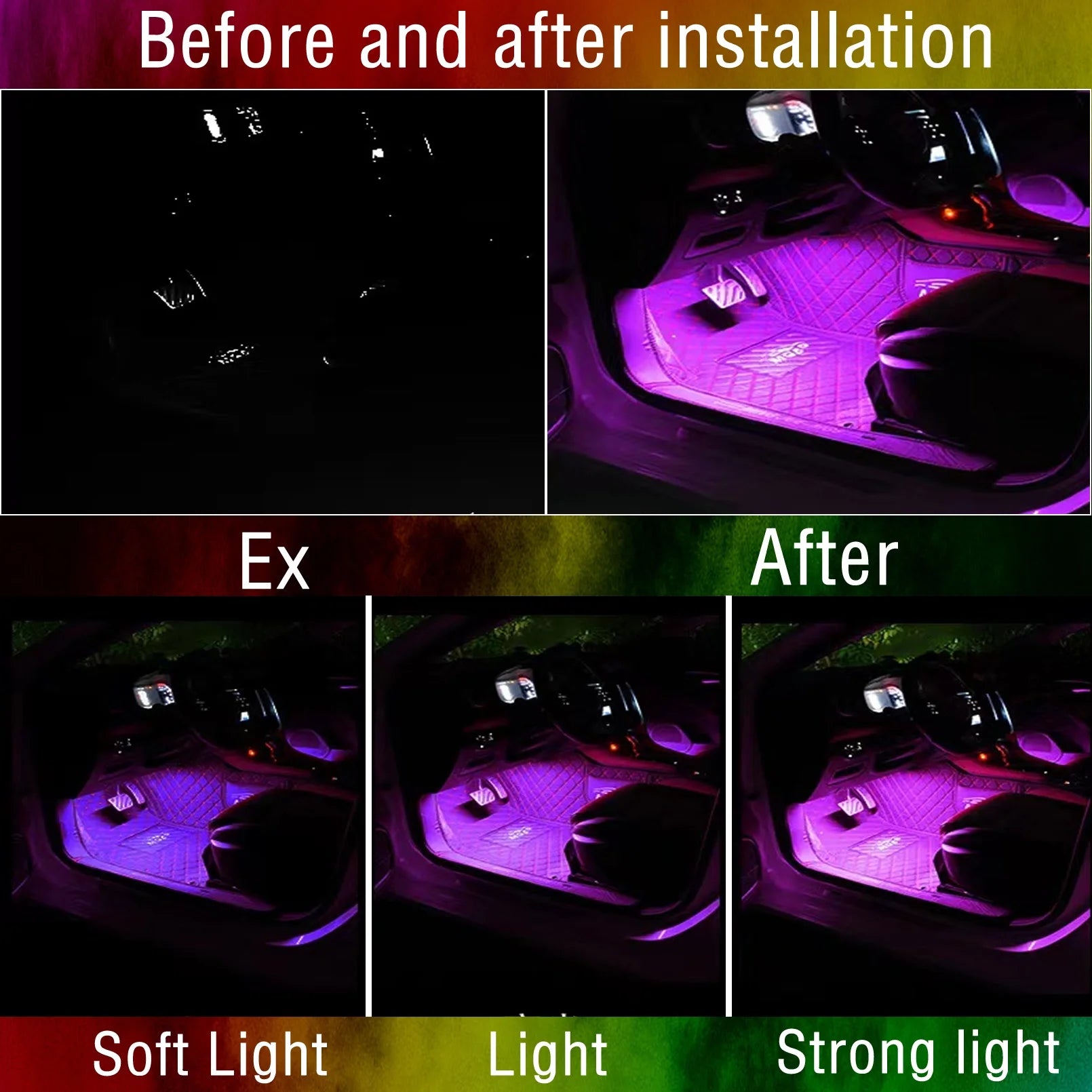 Luces Interiores Para Auto, Luces Led Para Auto Interior 4 Pzas Tira De 36 Luces Led Para Auto Con Control Remoto, Sincronización De Música Cambio De Color RGB Iluminación Para Auto Bajo Tablero Con Cargador Para Auto 12V 2A Luces Led Para Auto (RGB)